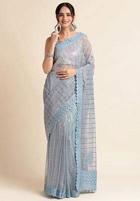 Blue Ethnic Motifs Embellished Saree Set