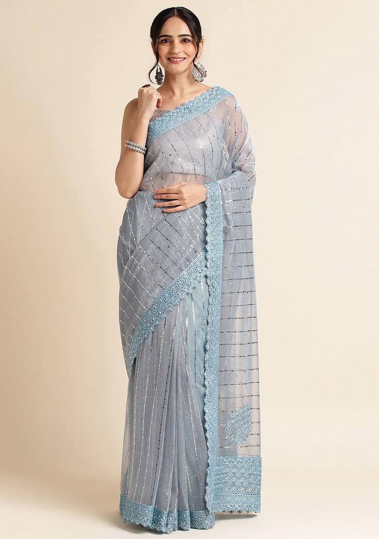 Blue Ethnic Motifs Embellished Saree Set
