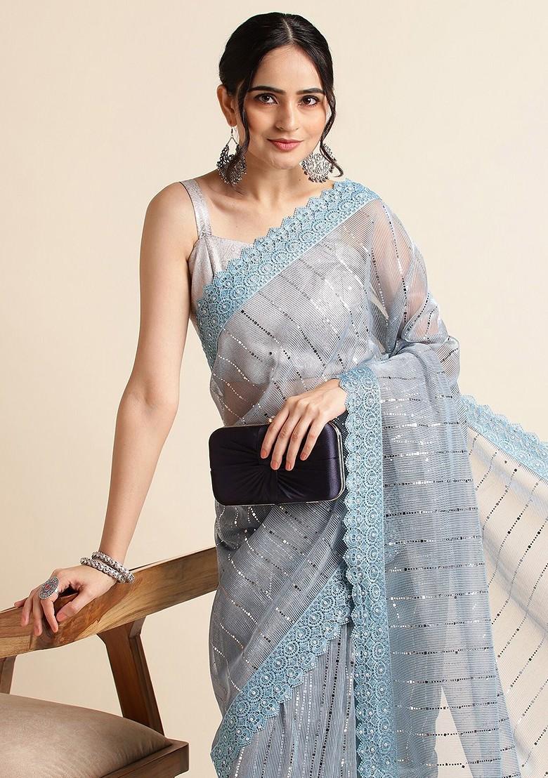 Blue Ethnic Motifs Embellished Saree Set