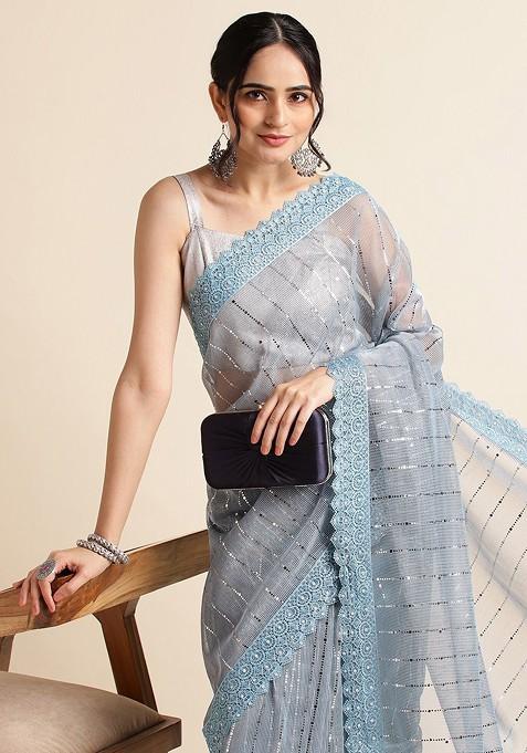Blue Ethnic Motifs Embellished Saree Set