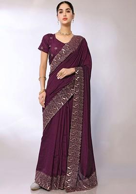 Purple Embellished Embroidered Saree Set