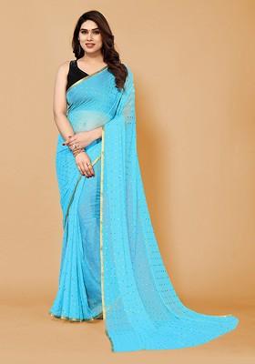 Blue Geometric Print Zari Saree Set
