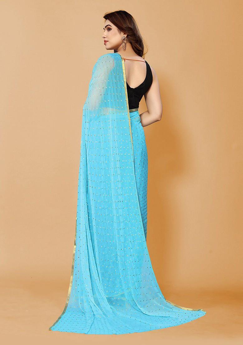 Blue Geometric Print Zari Saree Set