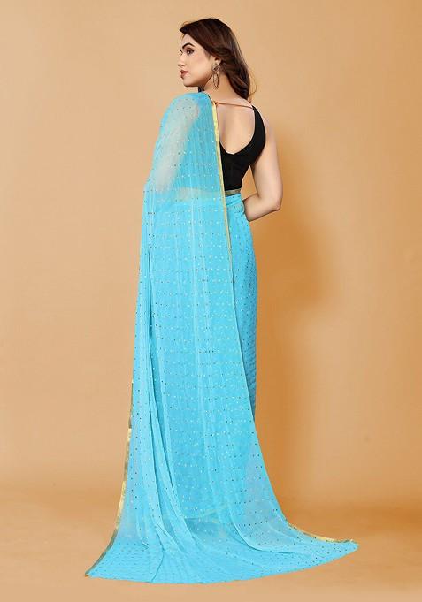 Blue Geometric Print Zari Saree Set