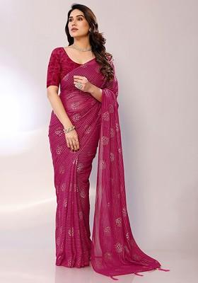 Pink Striped Printed Mukaish Saree Set