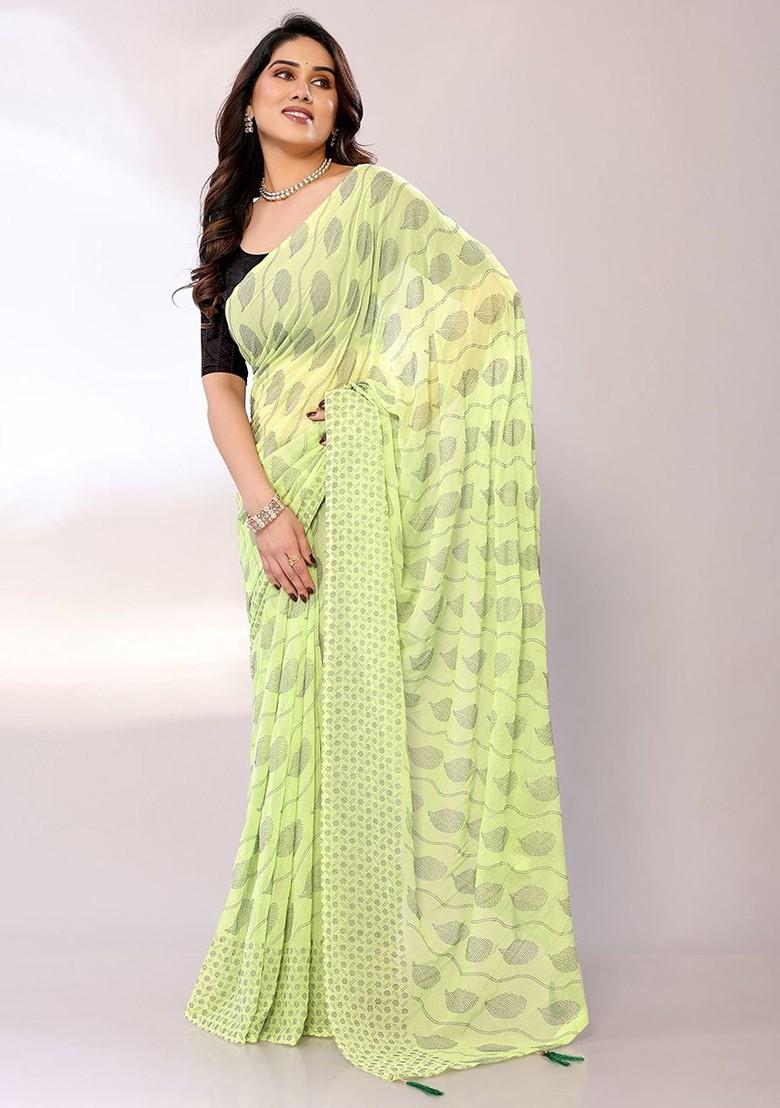 Lime Green Ethnic Motifs Printed Mukaish Saree Set