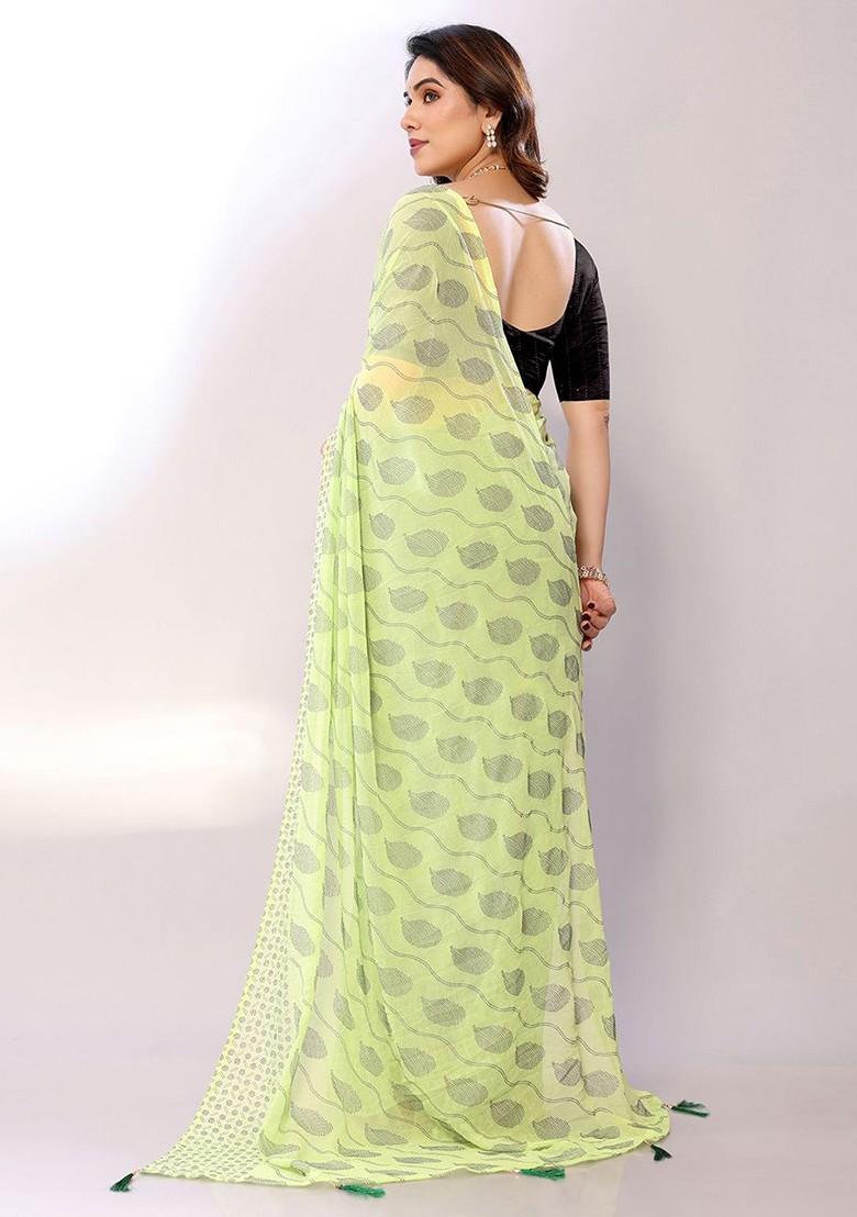 Lime Green Ethnic Motifs Printed Mukaish Saree Set