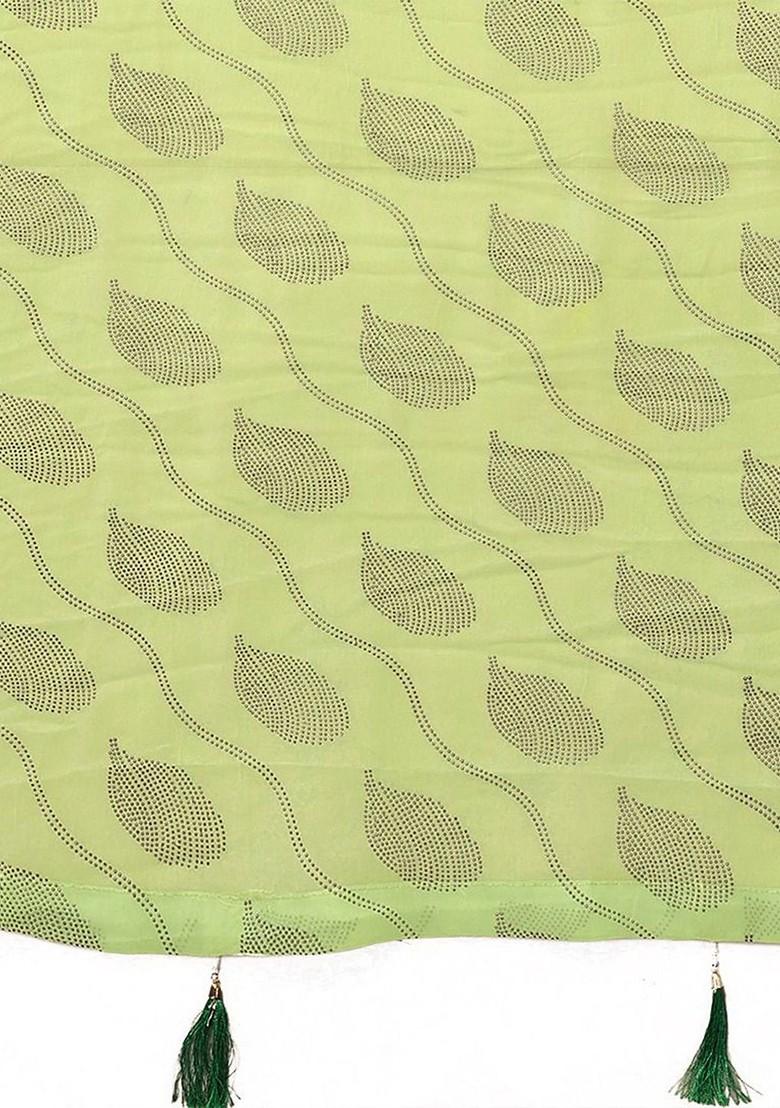 Lime Green Ethnic Motifs Printed Mukaish Saree Set