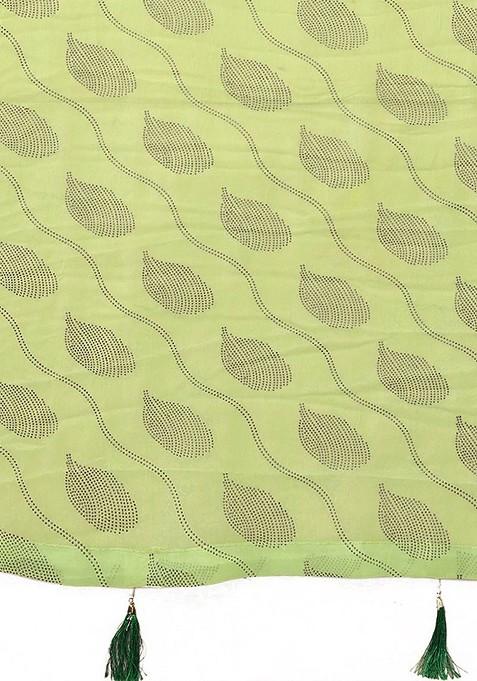 Lime Green Ethnic Motifs Printed Mukaish Saree Set