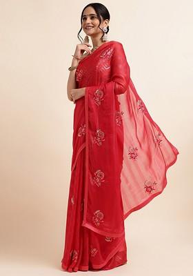 Maroon Maroon Embellished Embroidered Poly Chiffon Saree Set