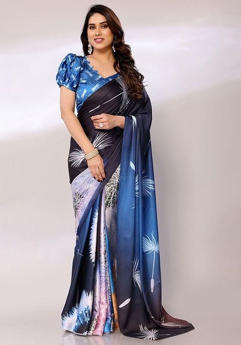 Blue Floral Satin Saree Set