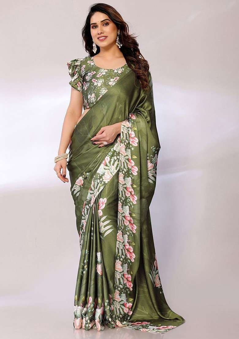 Green Floral Satin Saree Set - Indya