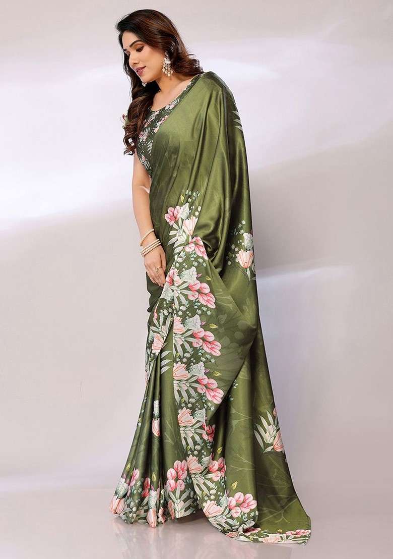 Green Floral Satin Saree Set - Indya