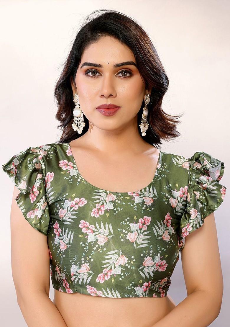 Green Floral Satin Saree Set