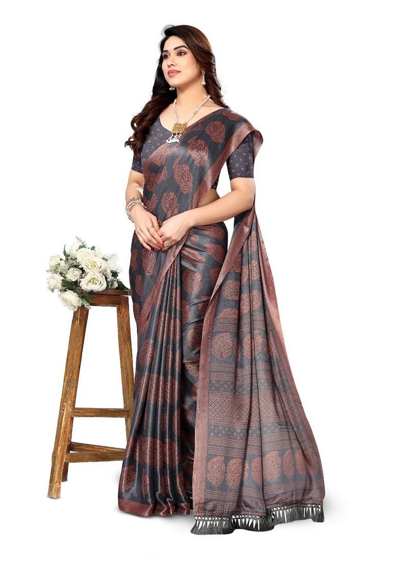 Grey Ethnic Motifs Pure Chiffon Saree Set