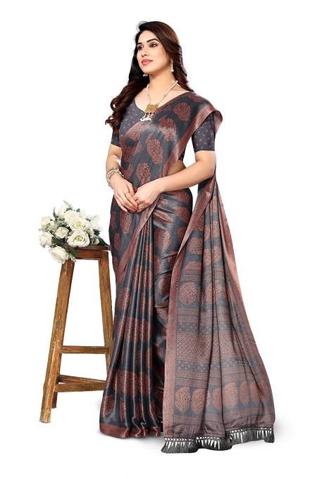 Grey Ethnic Motifs Pure Chiffon Saree Set