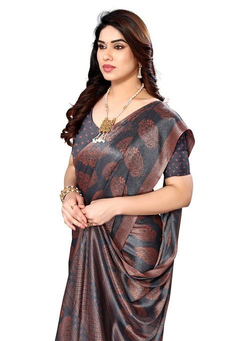 Grey Ethnic Motifs Pure Chiffon Saree Set