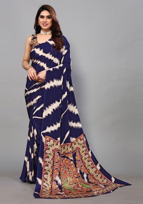 Blue Abstract Print Pure Crepe Saree Set