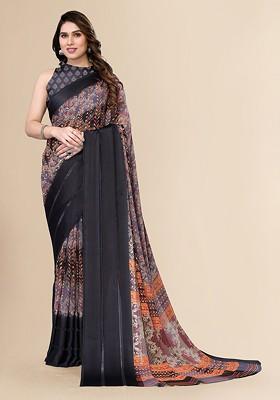 Black Floral Print Pure Chiffon Saree Set