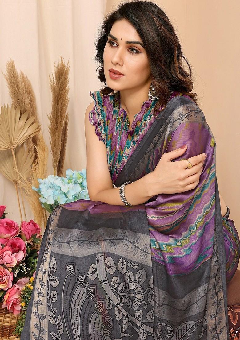 Lavender Printed Saree Set - Indya