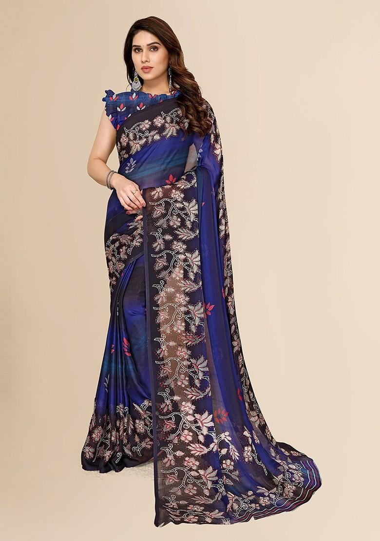 Blue Printed Poly Chiffon Saree Set