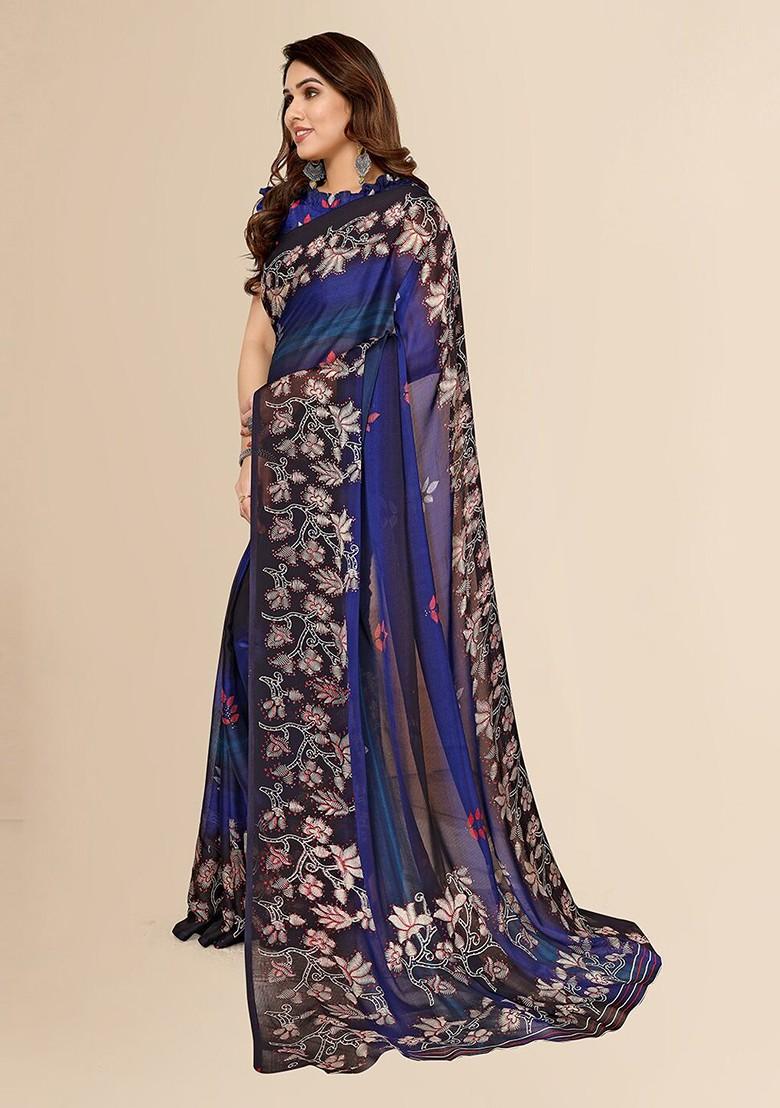 Blue Printed Poly Chiffon Saree Set