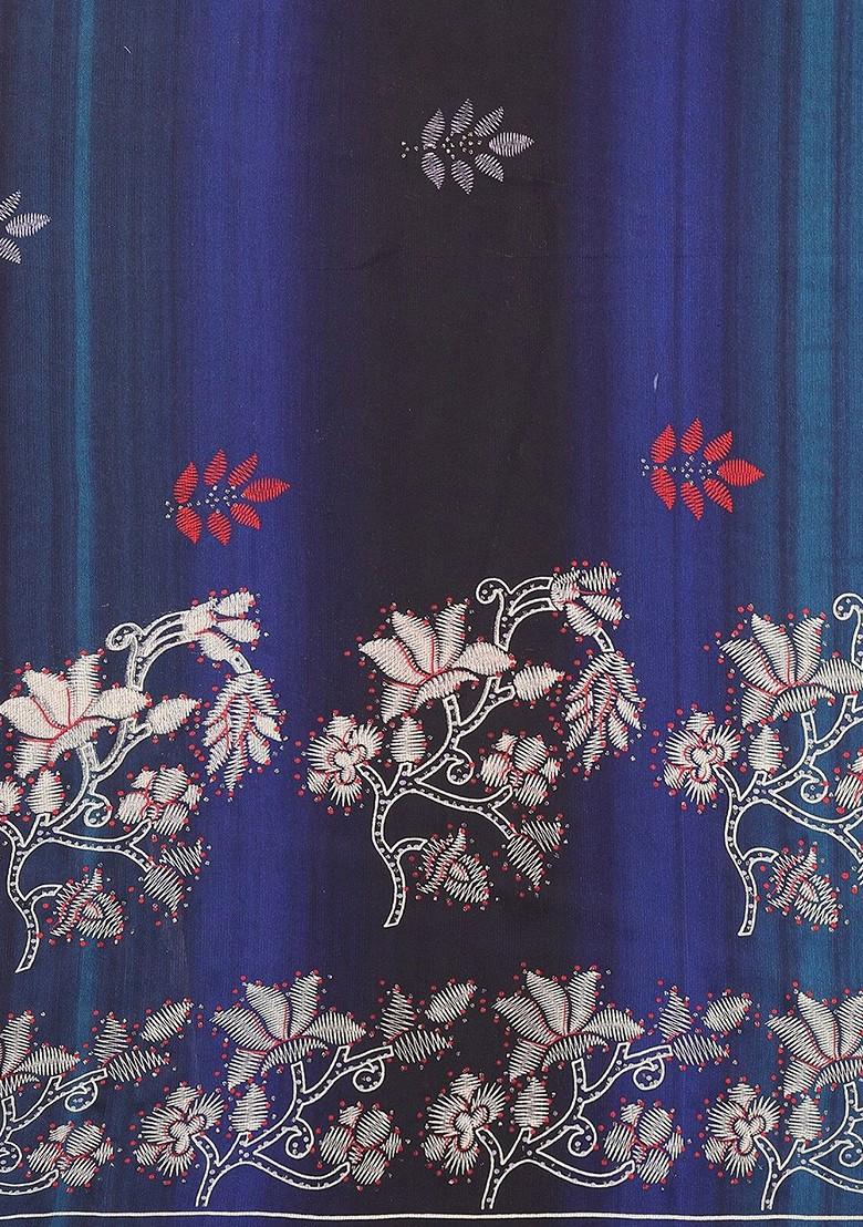 Blue Printed Poly Chiffon Saree Set