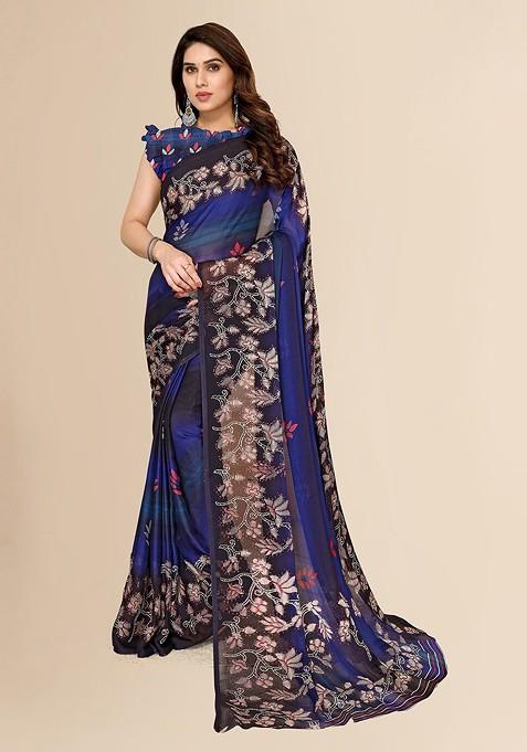 Blue Printed Poly Chiffon Saree Set