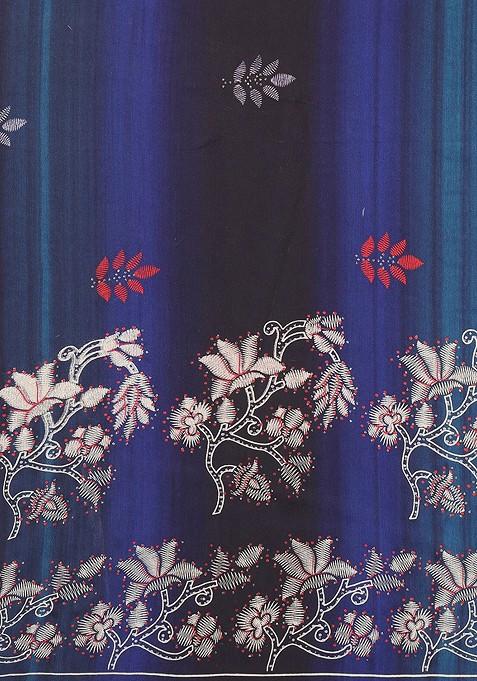 Blue Printed Poly Chiffon Saree Set