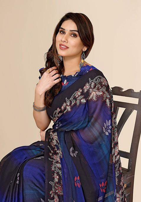 Blue Printed Poly Chiffon Saree Set