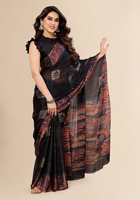 Black Abstract Print Saree Set