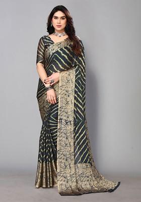 Blue Striped Poly Chiffon Saree Set