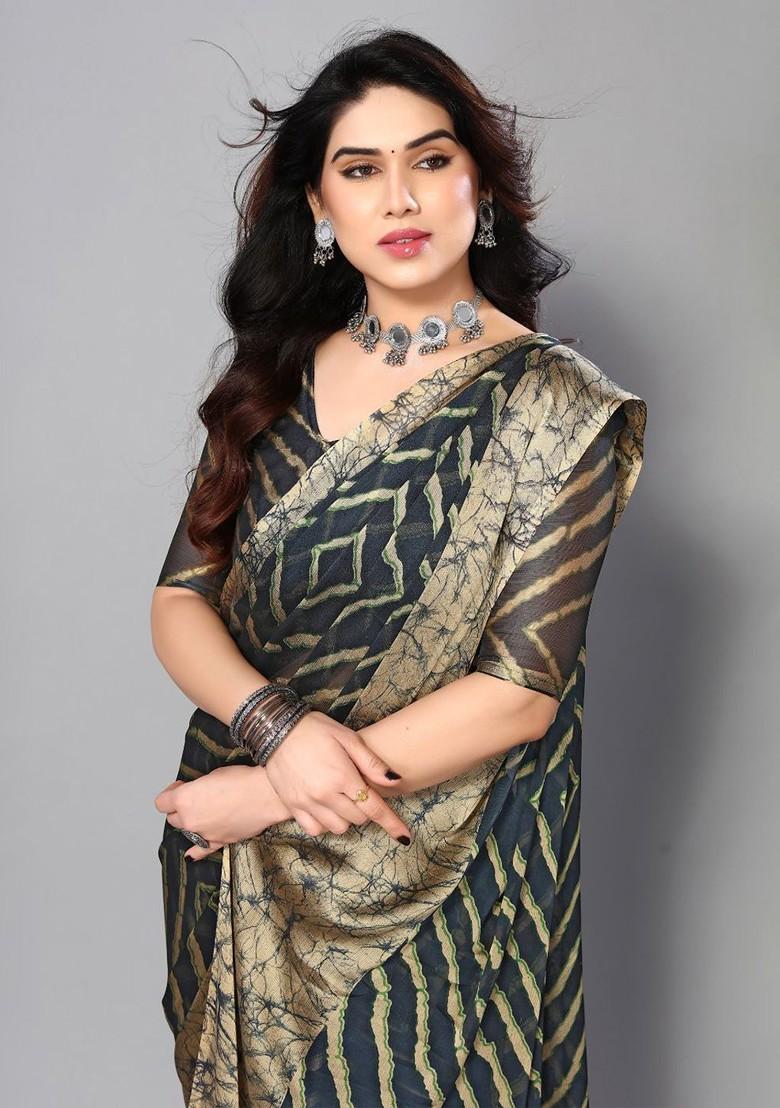 Blue Striped Poly Chiffon Saree Set - Indya
