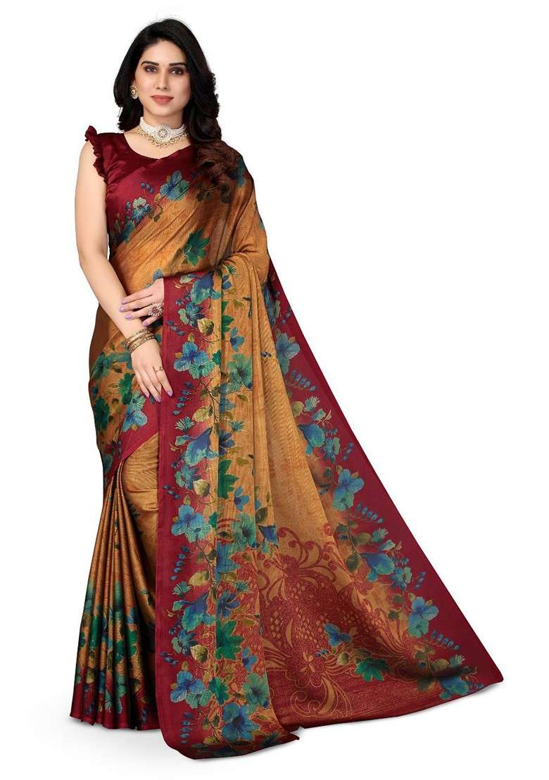 Maroon Floral Print Poly Chiffon Saree Set - Indya