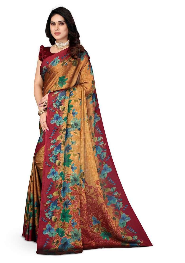 Maroon Floral Print Poly Chiffon Saree Set - Indya