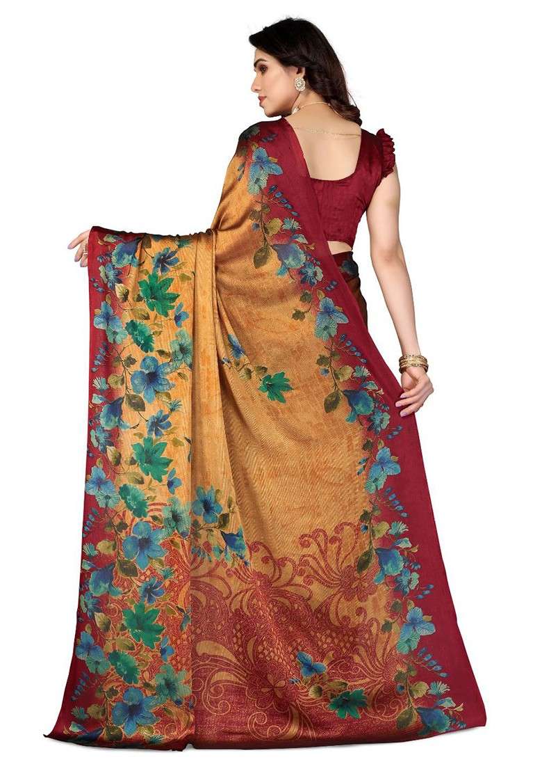 Maroon Floral Print Poly Chiffon Saree Set - Indya