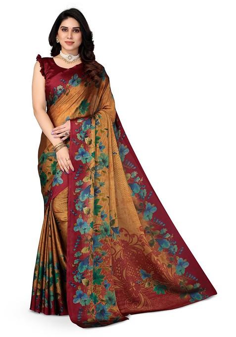 Maroon Floral Print Poly Chiffon Saree Set