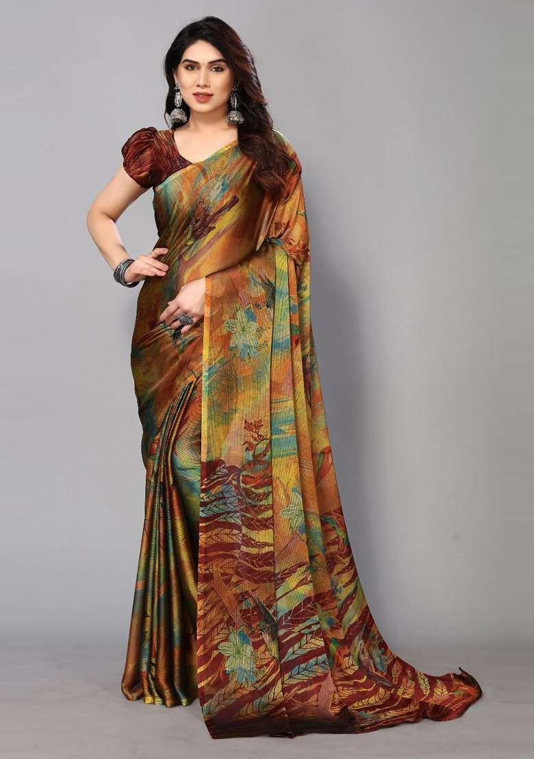 Maroon Floral Print Poly Chiffon Saree Set - Indya