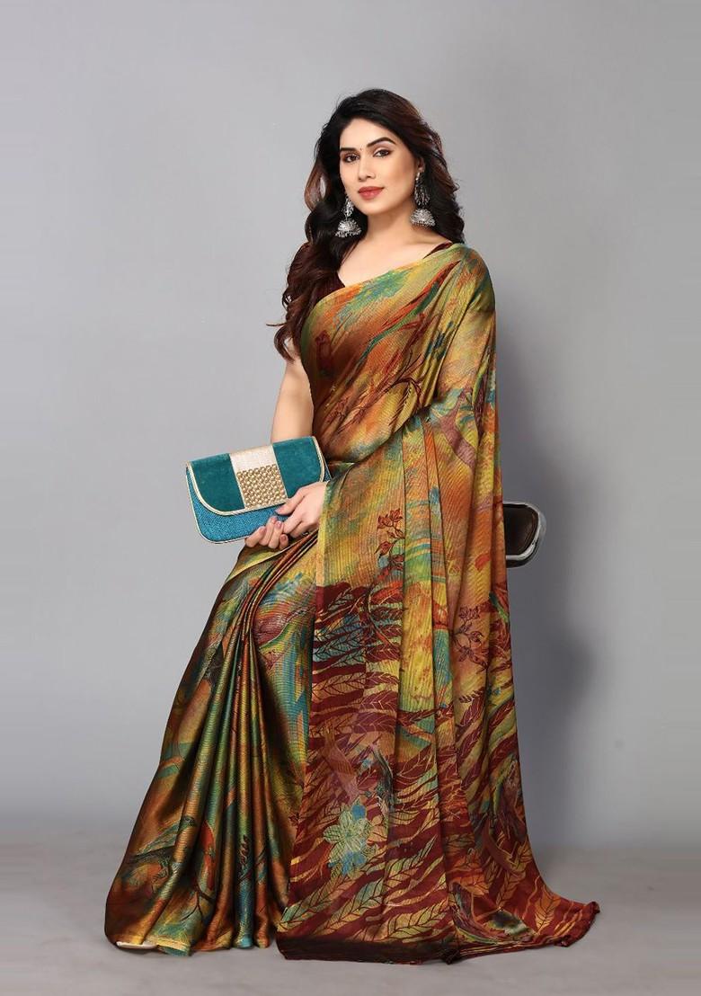 Maroon Floral Print Poly Chiffon Saree Set