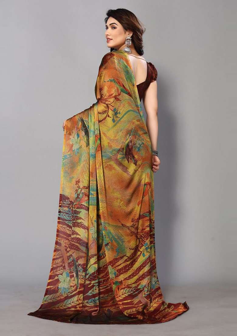 Maroon Floral Print Poly Chiffon Saree Set - Indya