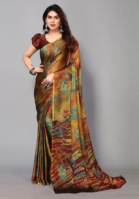 Maroon Floral Print Poly Chiffon Saree Set