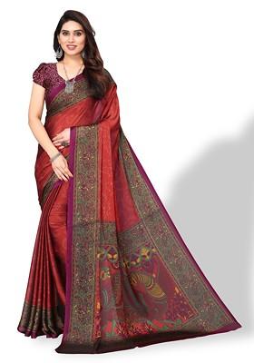 Maroon Floral Print Poly Chiffon Saree Set