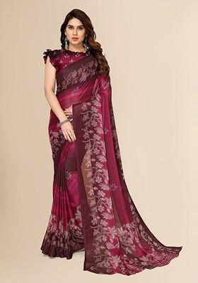 Magenta Floral Print Saree Set