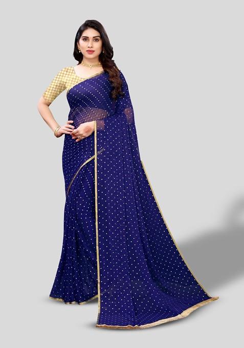 Navy Blue Polka Dot Printed Saree Set