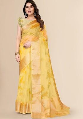 Yellow Abstract Print Zari Organza Saree Set