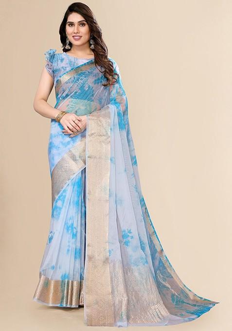 Blue Tie And Dye Zari Organza Saree Set