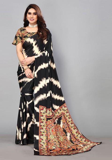 Black Leheriya Pure Crepe Saree Set