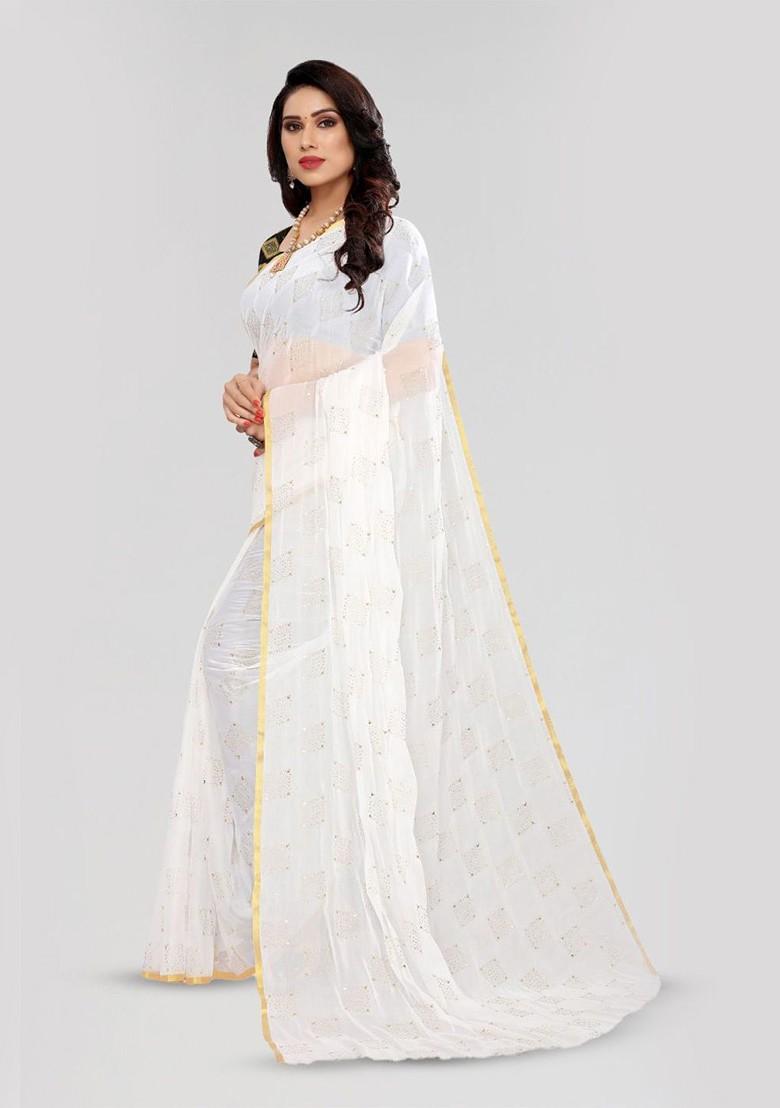 White Ethnic Motifs Printed Saree Set