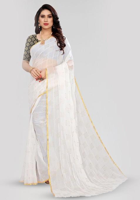 White Ethnic Motifs Printed Saree Set