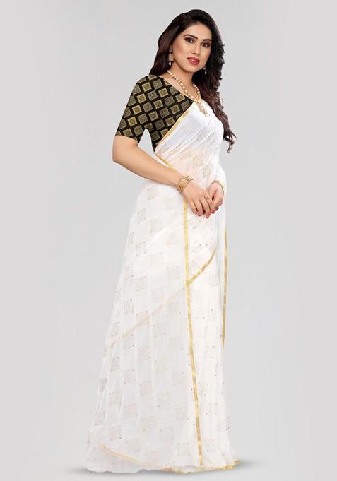 White Ethnic Motifs Printed Saree Set